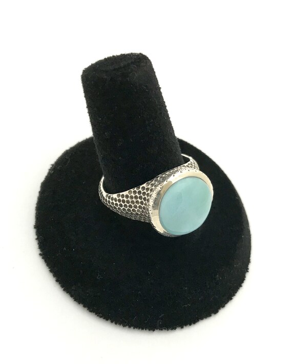 Larimar ring, sterling silver textured band, size… - image 1