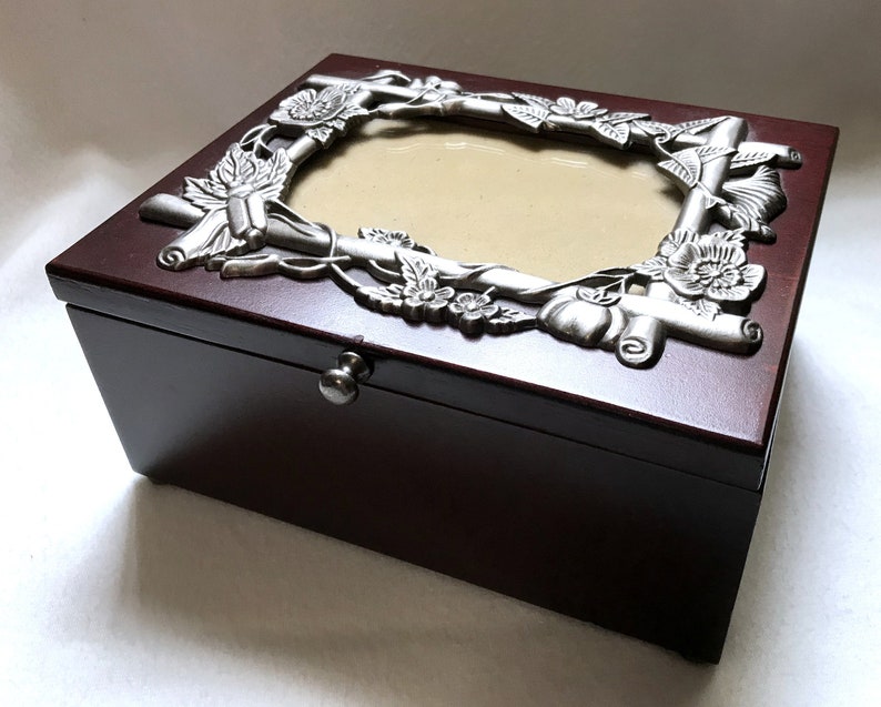 Vintage cherry wood jewelry box with pewter photo frame
