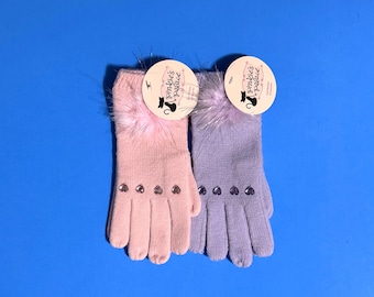 Pinkie’s Palace 1990s Feather & Rhinestone Embellished Knit Gloves for Women/Juniors