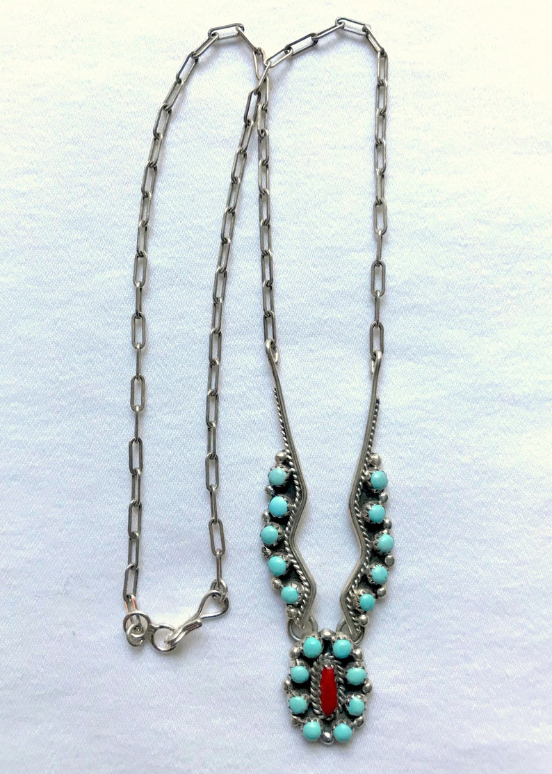 Handmade and signed 1990s Native American petit point turquoise and coral necklace earrings set by Navajo silversmith Bernard Barton