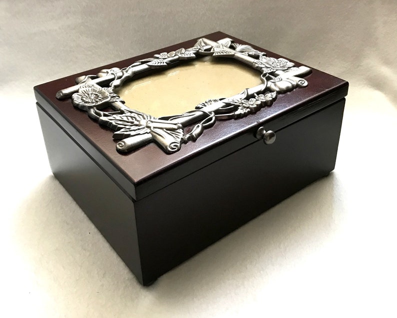 Vintage cherry wood jewelry box with pewter photo frame