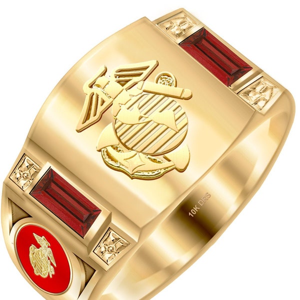 Customizable Men's 14k or 10k, Yellow or White Gold Simulated Birthstones US Marine Corps Ring