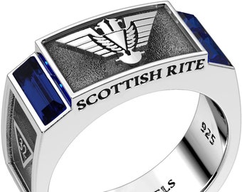 Men's 8mm 0.925 Sterling Silver Scottish Rite Synthetic Sapphire Masonic Ring