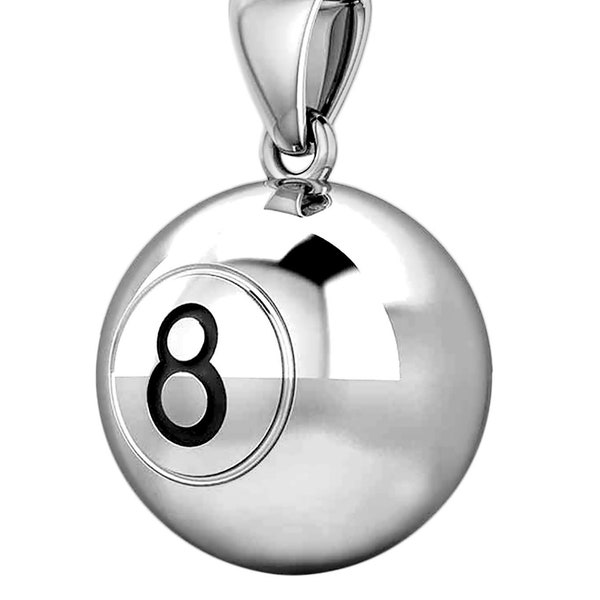 US Jewels 0.925 Sterling Silver 3D Eight 8 Ball Billiards Pendant, Available in 2 Sizes