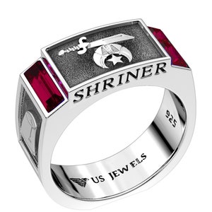 Men&#39;s 8mm 0.925 Sterling Silver Shriner Genuine Red Garnet Masonic Ring Band