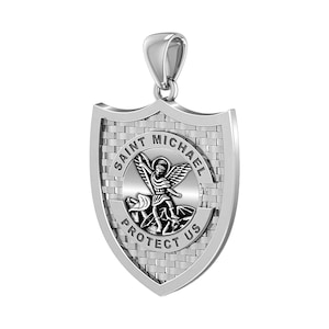Ladies 925 Sterling Silver Saint Michael Shield Antique Finish Pendant, 28mm