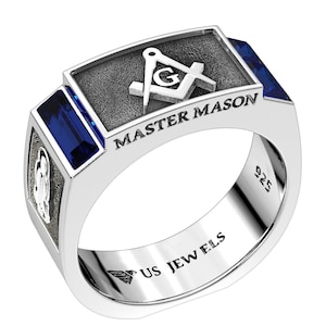 Men&#39;s 8mm 925 Sterling Silver Blue Lodge Synthetic Sapphire Masonic Ring Band