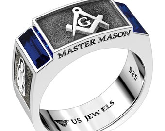 Men&#39;s 8mm 925 Sterling Silver Blue Lodge Synthetic Sapphire Masonic Ring Band