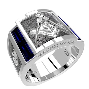 Anillo de Maestro Masónico de la Logia Azul para Hombre en Plata de Ley 925 con Zafiro Creado en Laboratorio