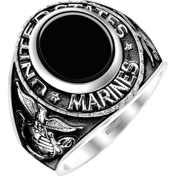 Men s Antiqued 0.925 Sterling Silver United States US Marine Corps Military Solid Back Ring
