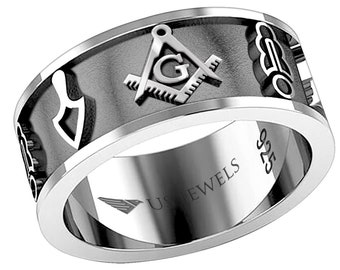 US Jewels 8mm Men&#39;s Masonic 0.925 Sterling Silver Freemason Masonic Ring