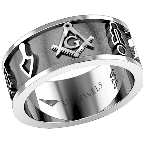 US Jewels 8mm Men's Masonic 0.925 Sterling Silver Freemason Masonic Ring