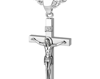 Collar con colgante de cruz crucifijo para hombre, talla XL, macizo, de plata de ley 925, 50 mm