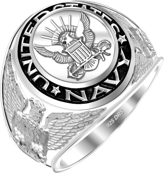 Men s 0.925 Sterling Silver US Navy Military Solid Back Ring