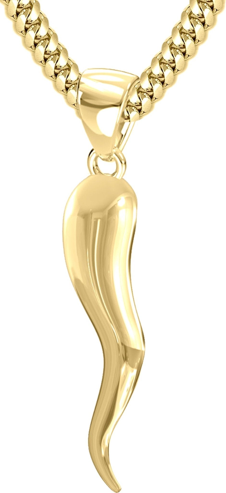 XL Men's Rounded Solid 14k Italian Horn Cornicello Amulet Pendant Necklace, 50mm