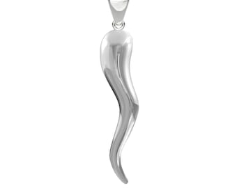 US Jewels Men&#39;s 925 Sterling Silver Italian Horn Good Luck Pendant, 2 Sizes - 28mm & 35mm