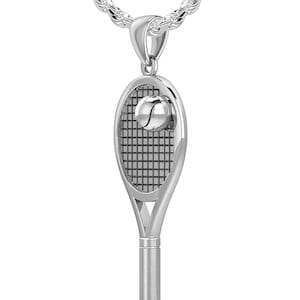 Large 925 Sterling Silver 3D Tennis Racket & Ball Pendant Necklace, 42mm