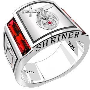 Men's 925 Sterling Silver & 10k or 14k Lab-Created Ruby Shriner Freemason Masonic Ring