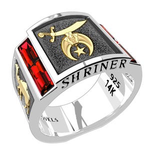 Men&#39;s Shriner Two Tone 925 Sterling Silver and 14k Yellow Gold Lab-Created Rubies Masonic Ring