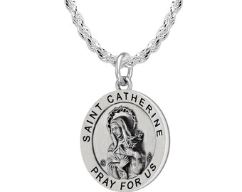 US Jewels 3/4in Antiqued 0.925 Sterling Silver Saint Catherine Medal Pendant Necklace