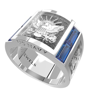 Men&#39;s Heavy 925 Sterling Silver US Navy Ring Band with Synthetic Sapphires