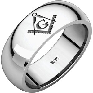 Men&#39;s 925 Sterling Silver 8mm Half Round Masonic Master Mason Ring