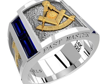 Men&#39;s Past Master Two Tone 0.925 Sterling Silver and 14k Yellow Gold Lab-Created Sapphire Ring