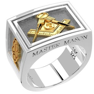 Men&#39;s Master Mason Two Tone 925 Sterling Silver and 14k Yellow Gold Ring