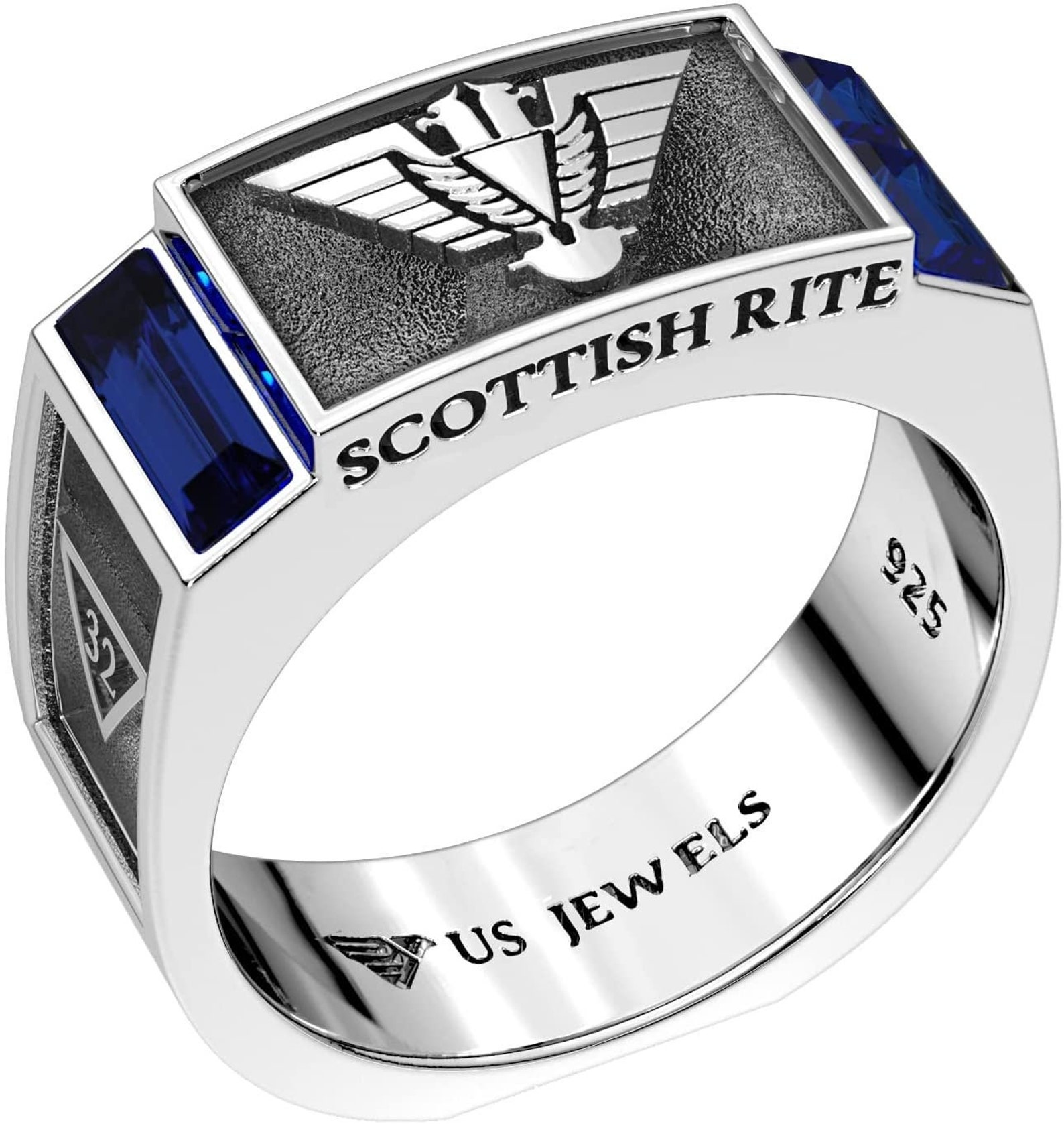 Silver Scottish Rite Rings Men's 8mm 0.925 Sterling Silver Scottish Rite Synthetic Sapphire ...