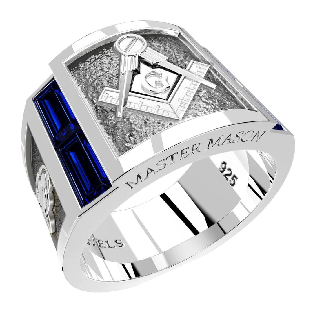 Men's Blue Lodge 925 Sterling Silver Synthetic Sapphire Freemason
