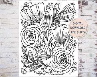 Printable Rose Floral Coloring Page for Mindfulness and Focus Digital Download Adult Coloring Rose Design Page for Anxiety and Stress Relief
