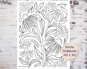 Printable Floral Coloring Page Mindfulness Digital Download Adult Coloring Black-Eyed Susan Design Page for Relaxation and Stress Relief