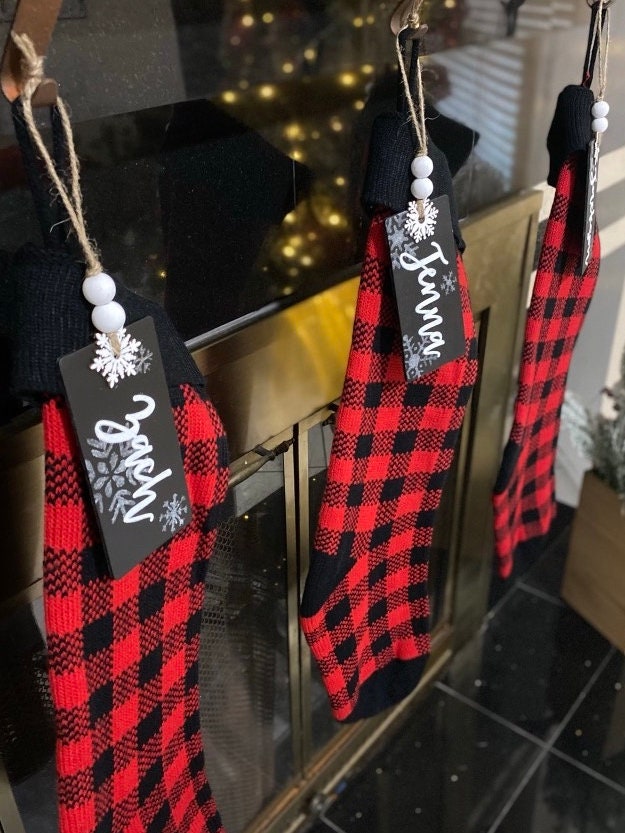 36 Set Christmas Stocking Name Tag with Buffalo Check Bows and Wood Beads  Set Unfinished Wooden Tags Rustic Farmhouse Hanging Blank Wooden Stocking