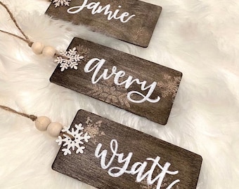 Wooden Stocking Tags Modern Farmhouse Gift Tags Natural Wood Beads Christmas Family Stockings