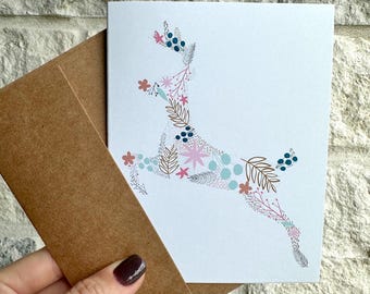 Christmas Card Reindeer Greeting Card Botanical Blank Note Card Floral Reindeer Card
