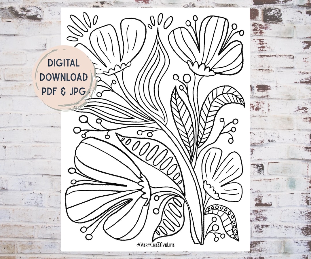 Printable Floral Coloring Page Digital Download Adult Coloring Flower ...
