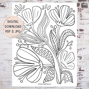 Printable Floral Coloring Page Digital Download Adult Coloring Flower Design Page for Relaxation and Stress Relief