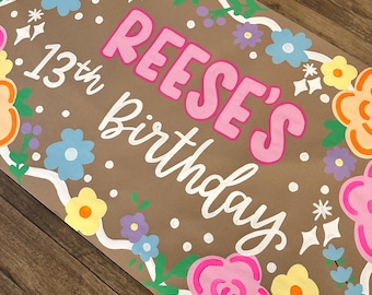 Banner Custom Colorful Floral Party Theme Brown Paper