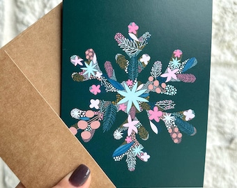 Christmas Card Snowflake Greeting Card Blank Note Card Floral Snowflake Green Card