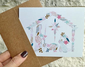Christmas Card Nativity Greeting Card Botanical Blank Note Card Floral Nativity Christian Card