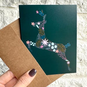 Carte de Noël Carte de voeux renne Carte de correspondance vierge Carte florale Cerf vert Botanique
