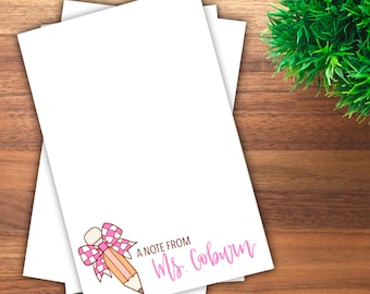 Personalized Notepad Custom Teacher Name Notepad Cute Teacher Gift Back to School Gift Coquette Pencil Checkered Bow School Stationary