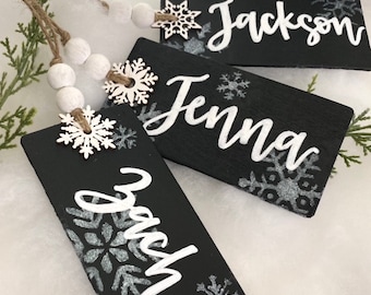 Wooden Stocking Tags Black Gift Tags with White Wood Beads Christmas Gift Tag Family Stockings Christmas Stocking Name Tags