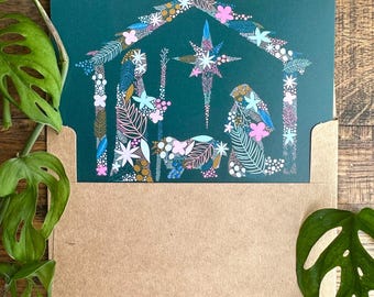 Christmas Card Nativity Greeting Card Blank Note Card Floral Nativity Green Card Christian Note Card Jesus