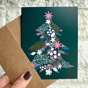 Carte de voeux de Noël Carte de correspondance vierge Arbre de Noël Carte verte botanique Arbre floral