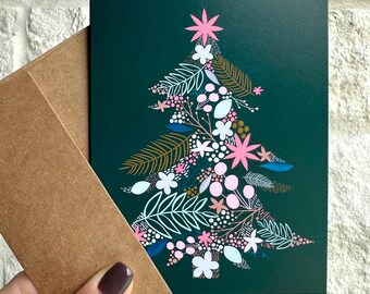 Christmas Greeting Card Christmas Tree Blank Note Card Floral Tree Botanical Green Card