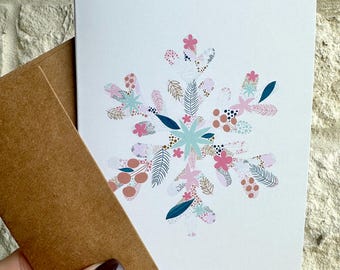 Christmas Card Snowflake Greeting Card Botanical Blank Note Card Floral Snowflake Card