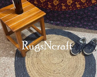 Blue & Beige Braided Jute Rug: Round Bohemian Area Rug