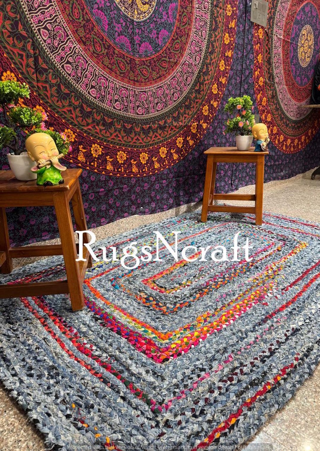Hand Braided Denim Chindi Rug: Bohemian Multi Color Cotton Area Rug - Etsy