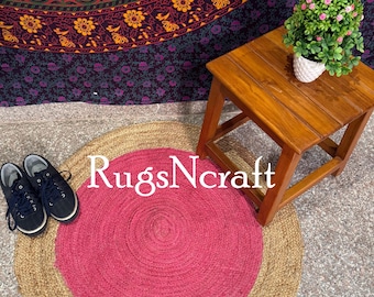 Handwoven Round Jute Rug: Pink Boho Braided Rug